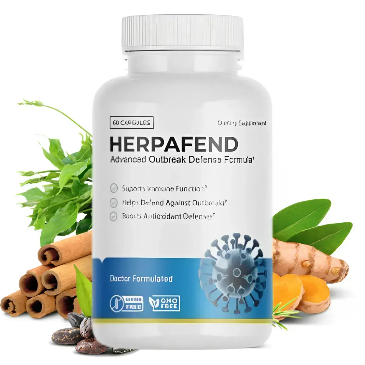 Herpafend bottle with the botanical ingredients in the formula